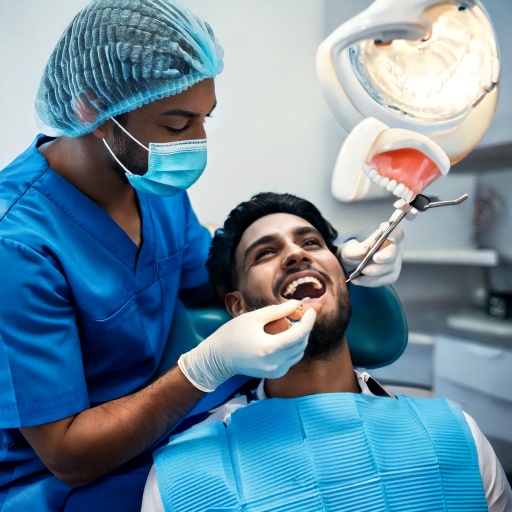Firefly Orthodontics image of a patient being helped by a surgeon; dental technician; artificial tee