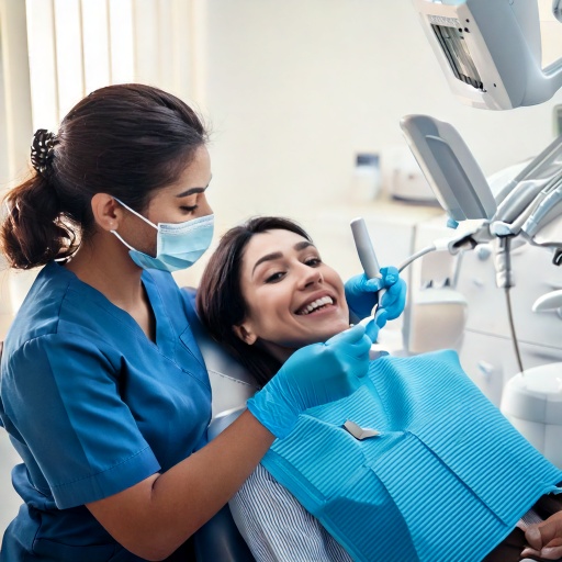Firefly Teeth whitening dental clinic image with dentist and patient in the process of treatment; de